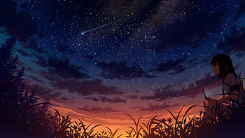 Konachan.com - 170643 black_hair clouds grass original sakais3211 scenic sky stars sunset.jpg (1920Ã1080) | Anime Visionary | Pinterest | Black hair ... HD wallpaper